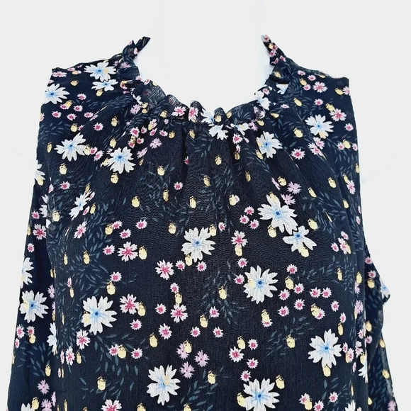 Loft Floral Tiered Chiffon‎ Metallic Dot Ruffle Neckline Flowy Blouse - Picture 2 of 9